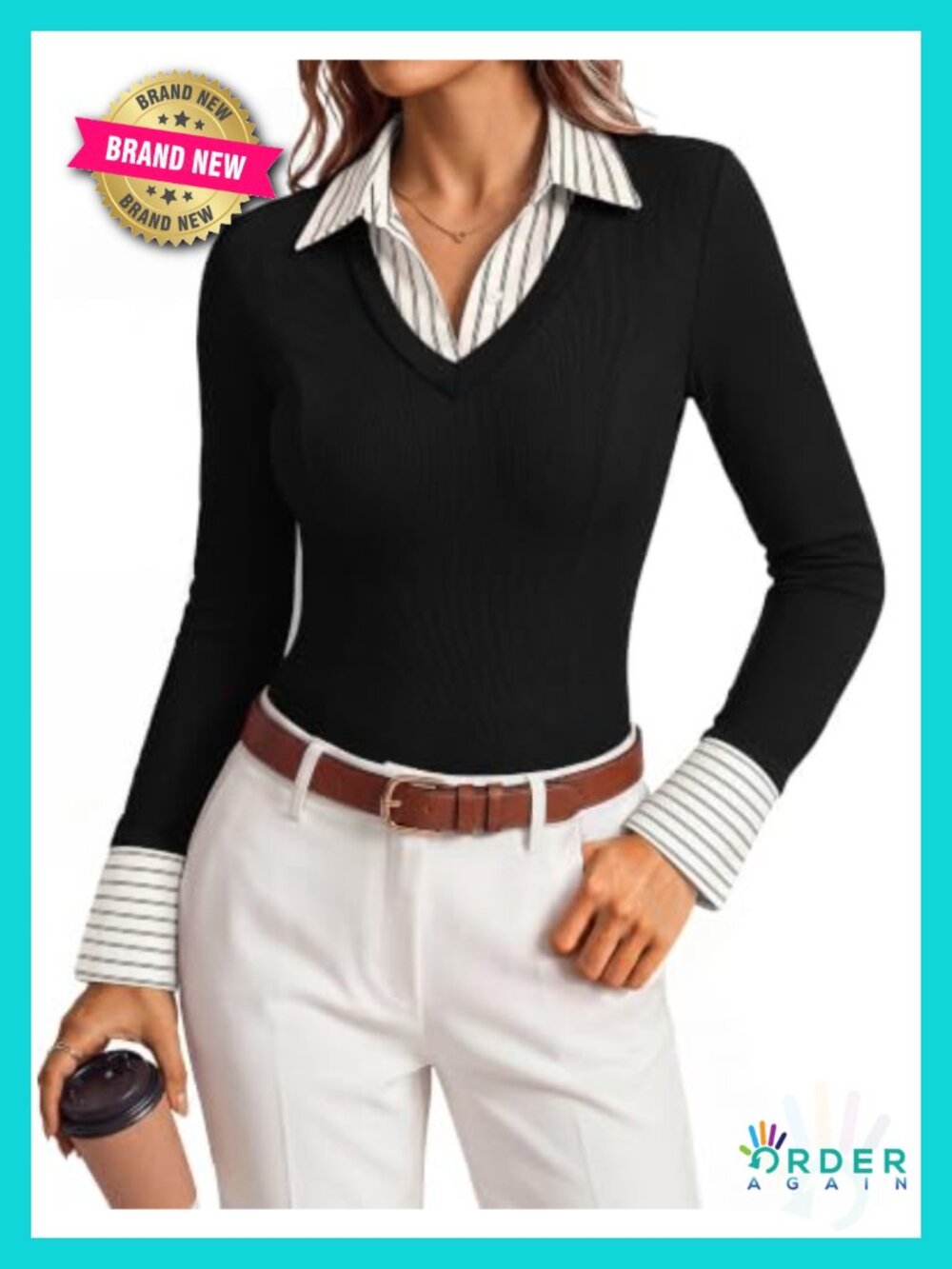 Women's Knitted Polo Shirt Long Sleeve V Neck Slim Fit Work Top